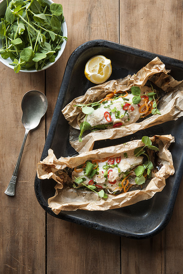 Baked ginger, sesame & soy fish en papilliote (in a bag) Adelaide