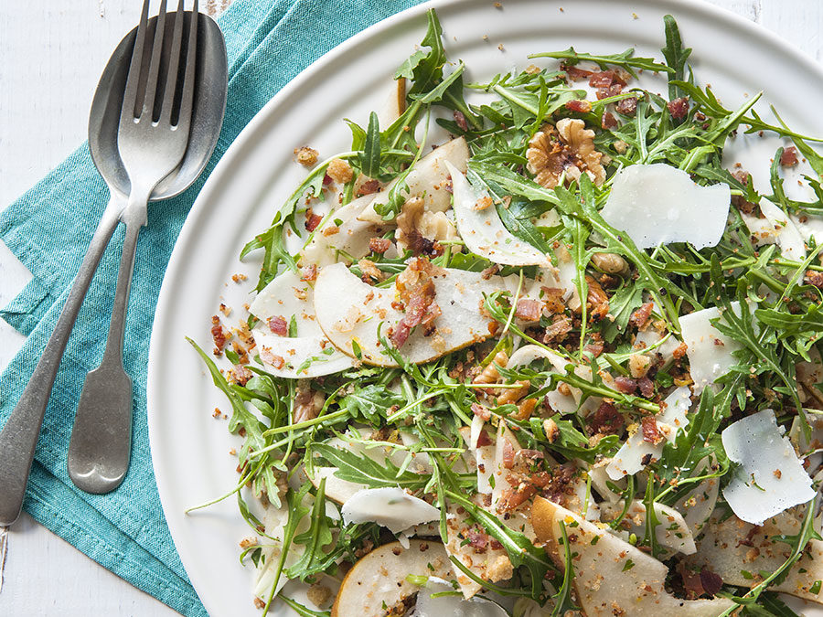 Rocket, parmesan & pear salad with prosciutto gremolata