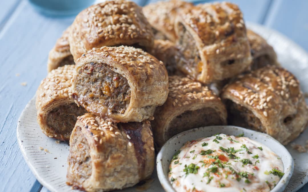 Lamb, Apricot & Mint Sausage Rolls with Harissa Yoghurt Sauce